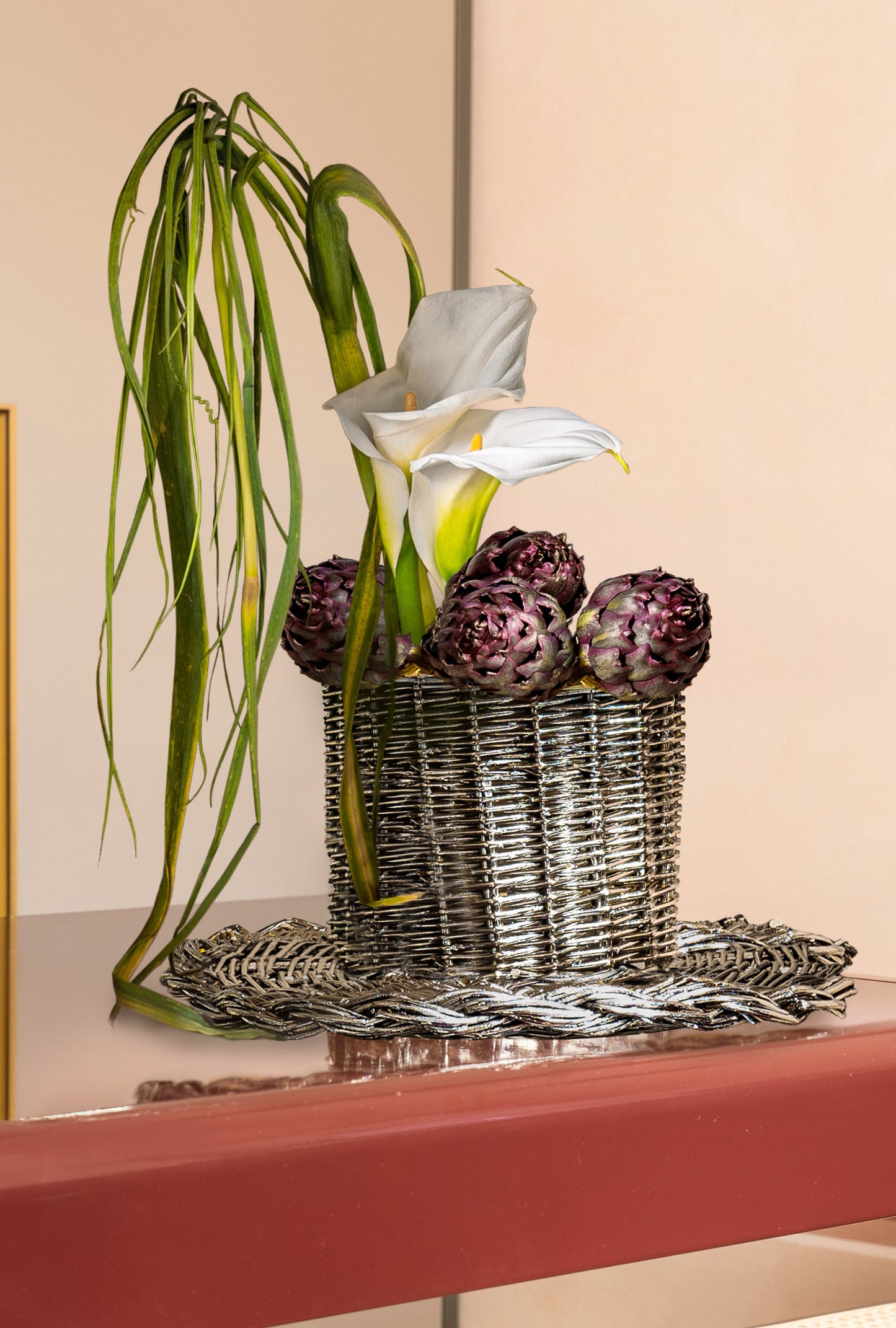 EL05 - Vaso/Alzata intrecciato silver plated - alzata alzatina vassoio contenitore vaso contenitore cesto in salice