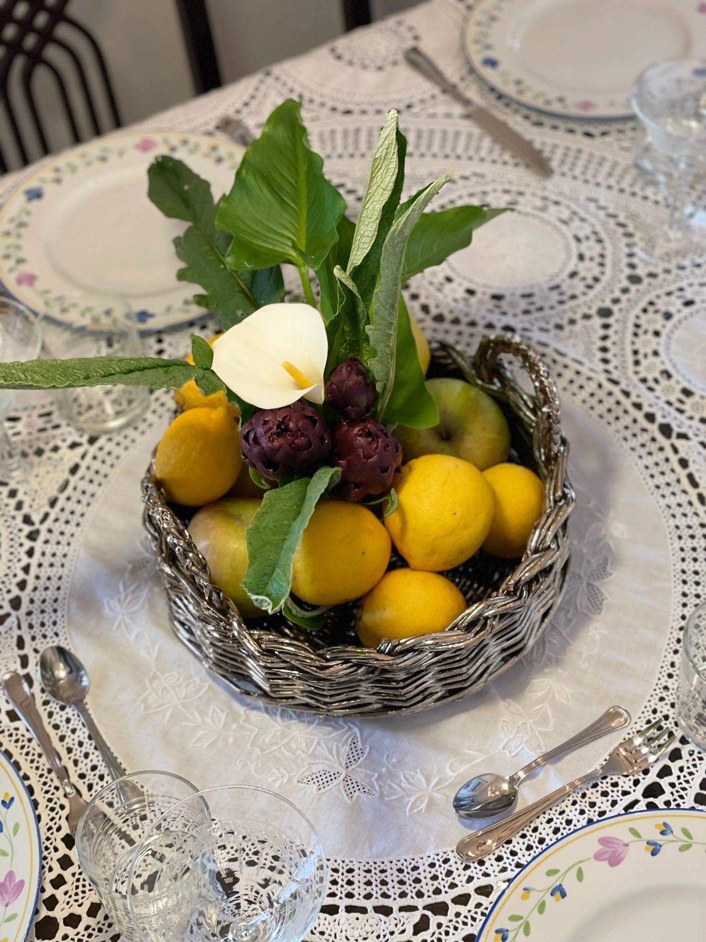Cesto intrecciato silver plated di design artigianale italiano - alzata alzatina vassoio contenitore vaso contenitore