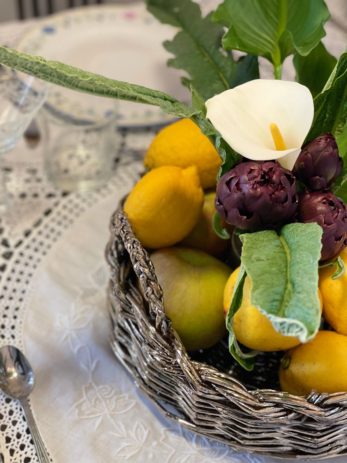 Cesto intrecciato silver plated di design artigianale italiano - alzata alzatina vassoio contenitore vaso contenitore