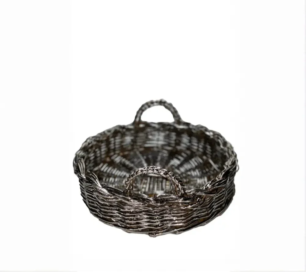 Cesto intrecciato silver plated di design artigianale italiano - alzata alzatina vassoio contenitore vaso contenitore