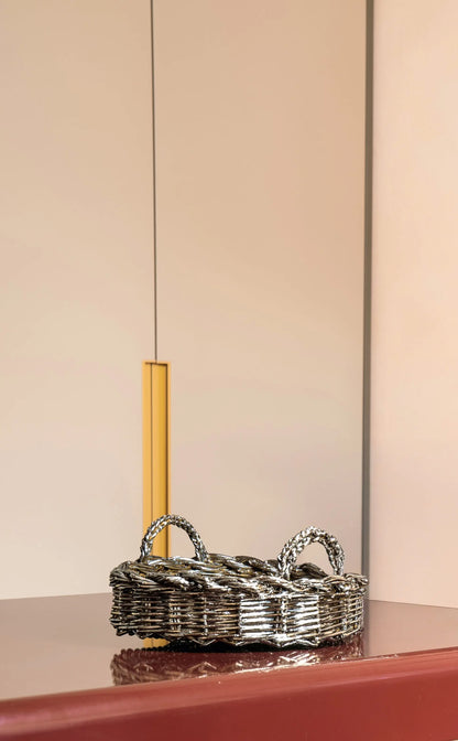 Cesto intrecciato silver plated di design artigianale italiano - alzata alzatina vassoio contenitore vaso contenitore
